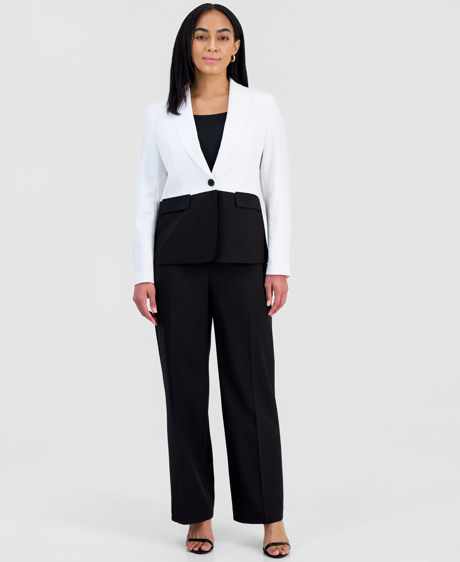 Colorblocked One-Button Peplum Jacket & Fly-Front Wide-Leg Pants Suit