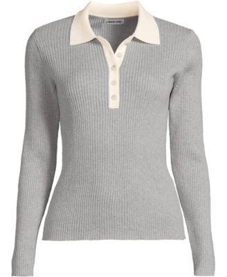 Plus Size Cotton Ribbed Long Sleeve Polo Sweater