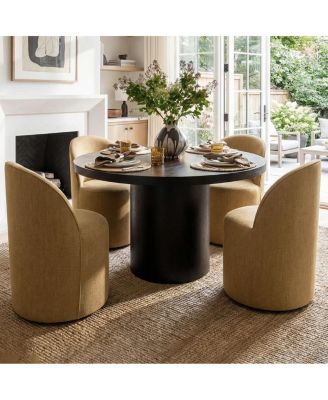 Linen Upholstered Rolling Dining Chair with Casters Swivel 1 Piece