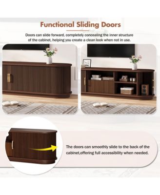 Fluted Entertainment Center for TVs Up to 75 Inches, Farmhouse Style Media Stand with Sliding Wood Slatted Doors and Drawer for Living Room