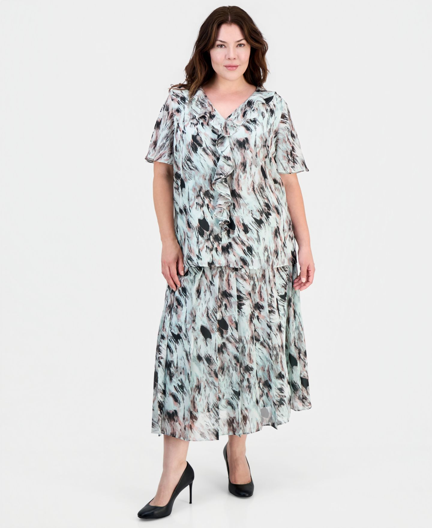 Женская блузка Kasper Plus Size Printed Ruffled Flutter-Sleeve Blouse, цвет: Морской разноцветный — фото 2