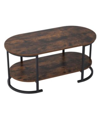 Wooden Oval Coffee Table 2 Tier with Open Storage Shelf