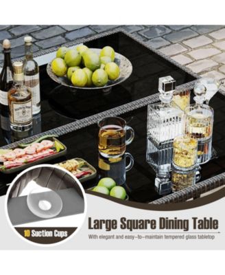 Set Of 9 Patio Dining Set with Tempered Glass Table and Ottoman Removable Cushions