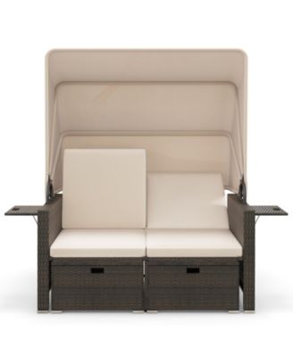 Outdoor Patio Rattan Daybed with Retractable Canopy and Backrests