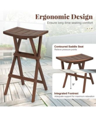Backless Folding Counter Height Bar Stools Set of 2 with Teak Wood Frame and Saddle Seat