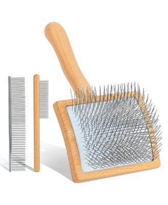 Dog Slicker Brush Grooming Kit Long Hair Detangles Mats Shedding Wooden Handle Combs