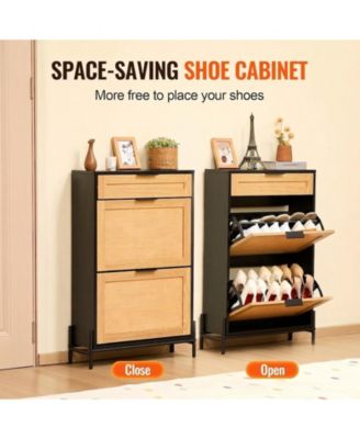 Rattan Shoe Cabinet, Narrow 2 Flip Drawers and 1 Slide Drawer