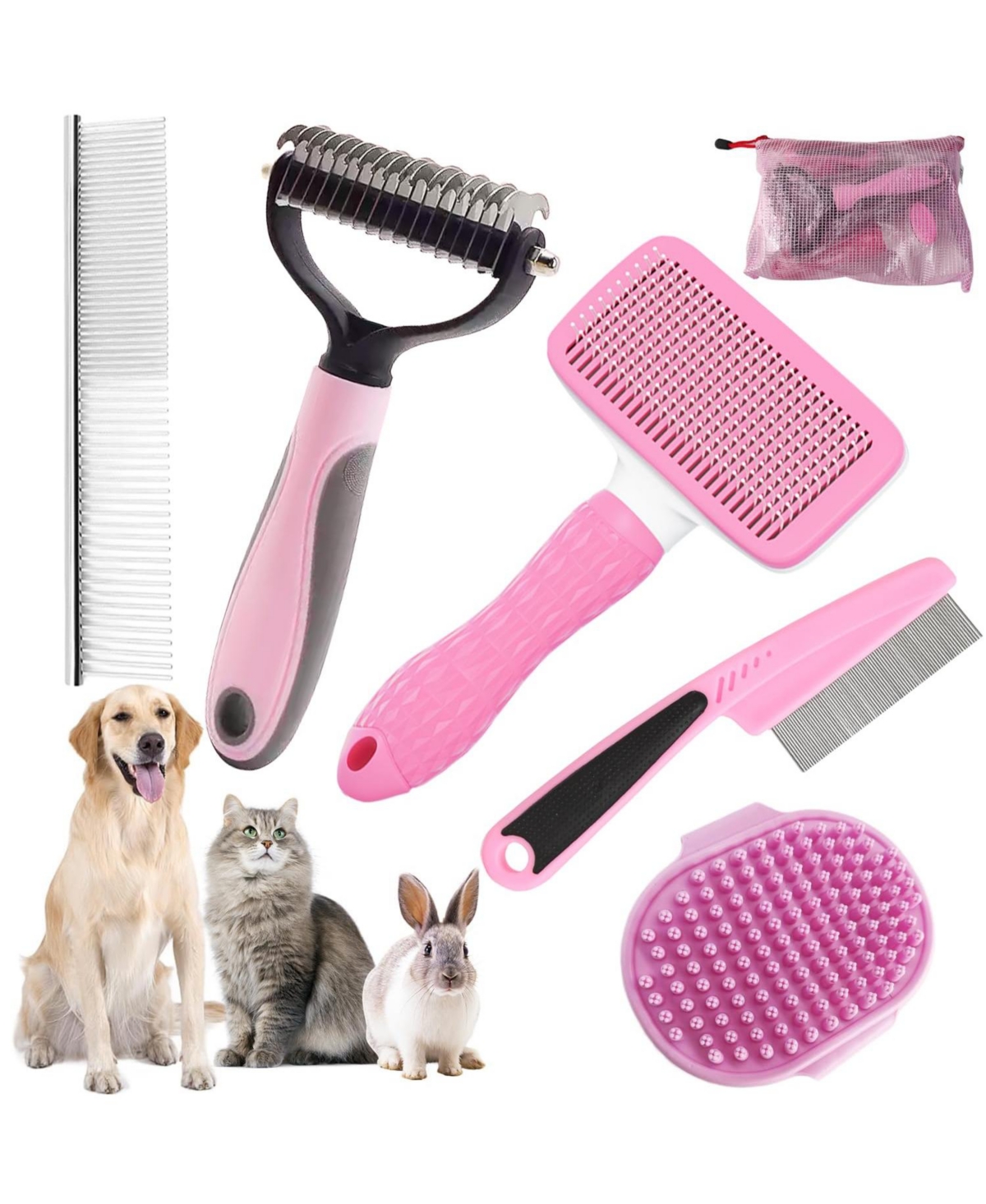 Aronkl Pet Bath Grooming Kit with Hair Brush Towel Washing Gloves Shampoo Scrubber - Pink