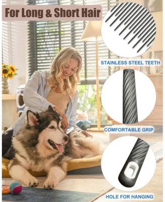 2 Pet Grooming Combs Long Short Stainless Steel Teeth T Straight Rubber Handle for Dogs Cats Flea Tick Hair Removal