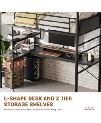 Loft Bunk Bed with L Shaped Desk, Metal Loft Bed High Guardrail Ladder Easy Assembly.