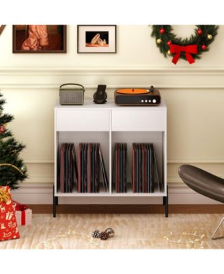 Double Wide Record Player Stand with Power Outlets and Storage