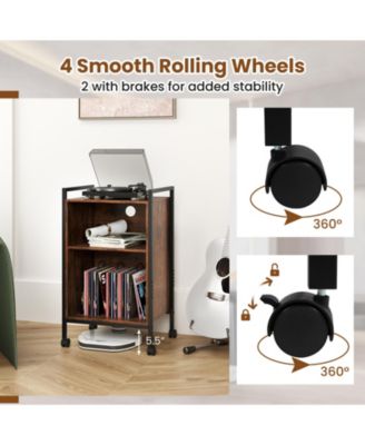 Mobile Record Player Stand with Power Outlet Storage