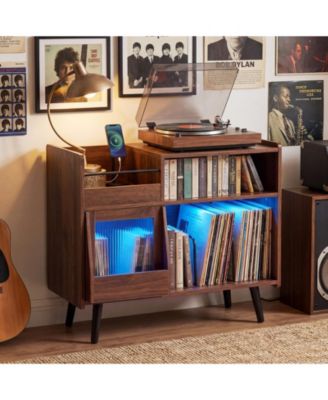Large Record Player Stand with LED Lights Power Outlets and Door