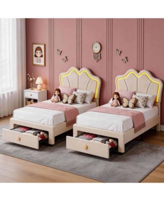 Set of 2 Twin Size Velvet Storage Beds with LED Ambiance - Upholstered Platform Bed Frame with Pull-Out Drawer, No Box Spring Needed