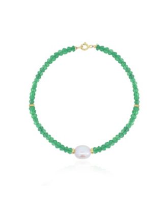 Green Onyx Bead Pearl Bracelet 14K Gold