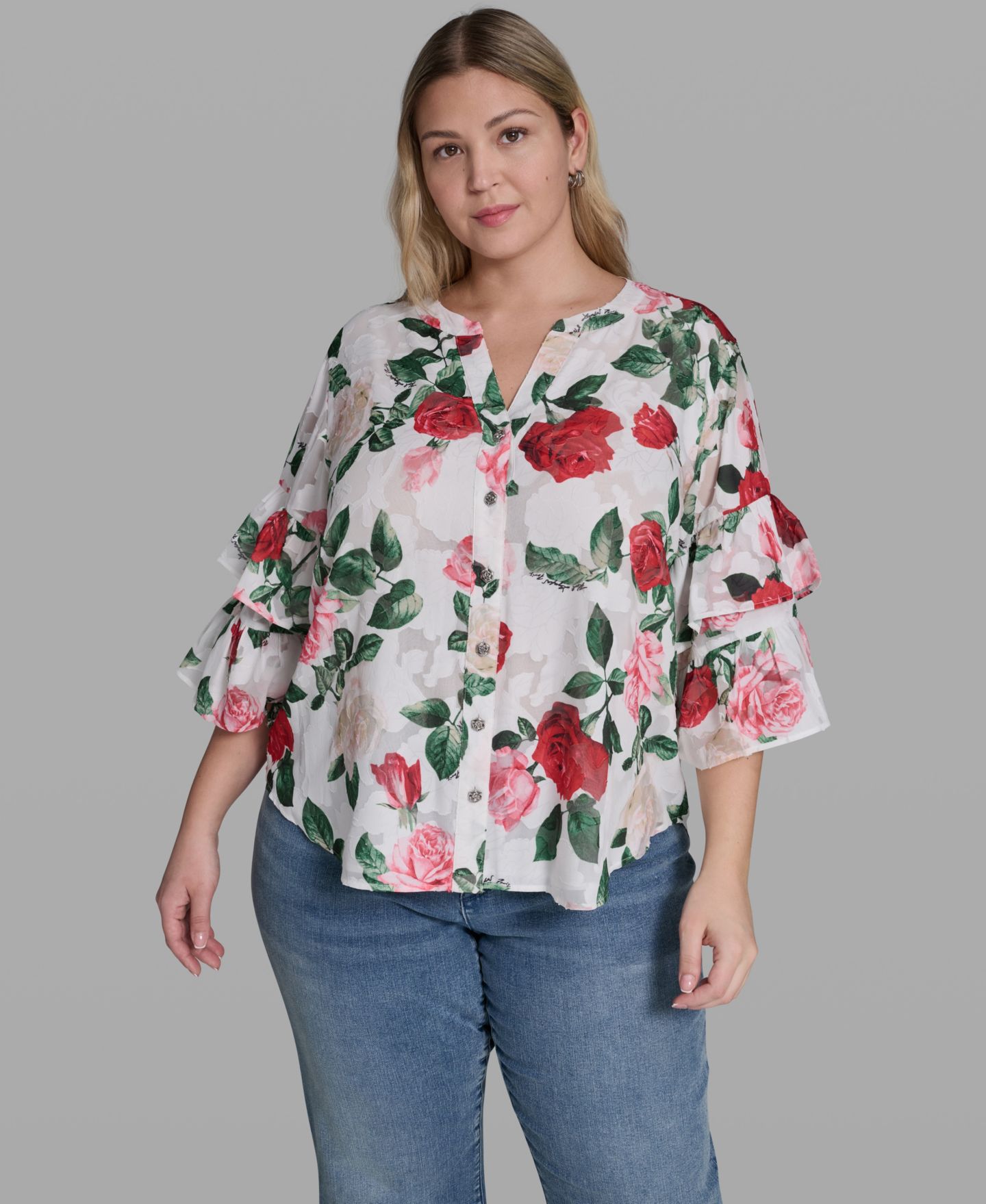 Женская блузка KARL LAGERFELD PARIS Plus Size V-Neck Floral-Print Blouse, цвет: Мягкий белый разноцветный — фото 1