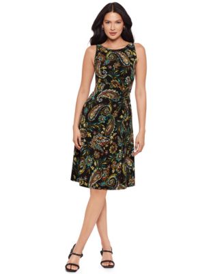 Women's Paisley Print Jewel Neck Midi Dress