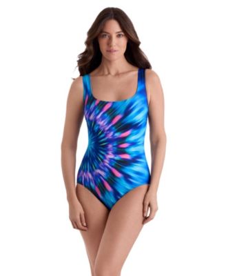 Women's Tie Dye Splash Panel Scoopneck Tank Long Torso One-Piece Swimsuit