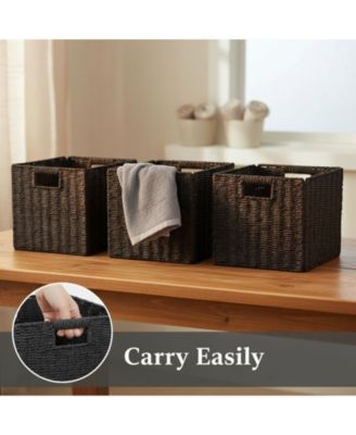 3 Pack Wicker Storage Baskets Foldable Handwoven Square Organizer Bins Rustic Decorative Shelf Closet Organizers