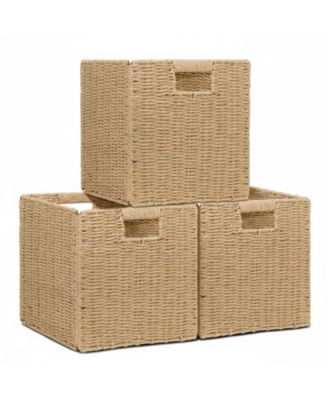 3 Pack Wicker Storage Baskets Foldable Handwoven Square Organizer Bins Rustic Decorative Shelf Closet Organizers