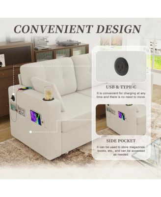 Loveseat Sofa, 67" Chenille 2-Seater Couch - Storage, USB Charging, Cup Holder and Wood Frame for Living Room, Apartment