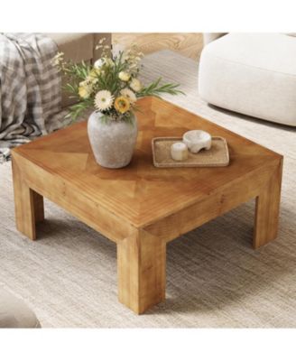 39.4" Solid Wood Coffee Table, Square Coffee Table with Intricate Inlaid Top and Sturdy Legs, Rustic Center Tables