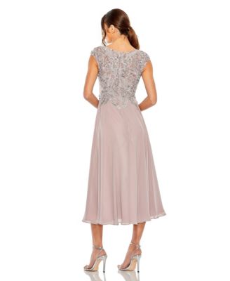 Women's Embroidered Beaded Midi Dress with Cap Sleeves