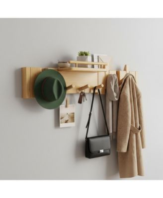 Mid Century Modern Solid Wood Wall Coat Hanger with Shelf Piano Key Hooks Heavy Duty Entryway Bathroom Storage Rack