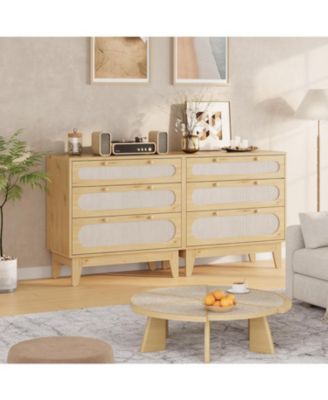 Modern Rattan 3 Drawer Dresser, Sturdy Wood Chest, Spacious Storage for Hallway, Closet, Bedroom