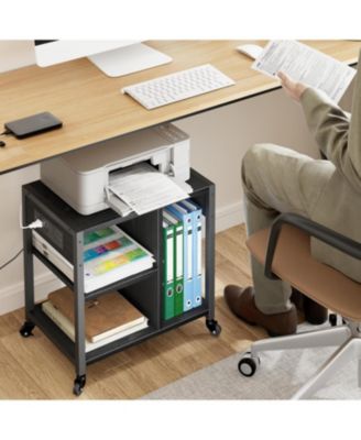 18” Mobile Printer Stand with Outlets, USB, 3/4-Tier Rolling Storage Cart, Shelves, Locking Casters, Compact Table for Office