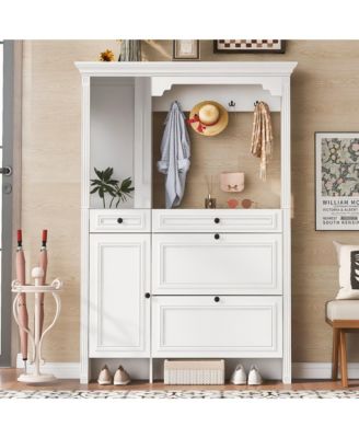 54.7in Hall Tree 4in1 Entryway Storage Shoe Cabinet Mirror Hooks Bench