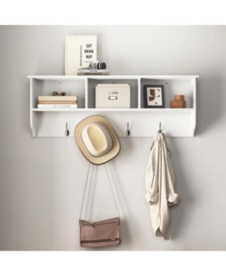 Wall Mounted Entryway Coat Rack 4 Dual Hooks Wooden Storage Shelf