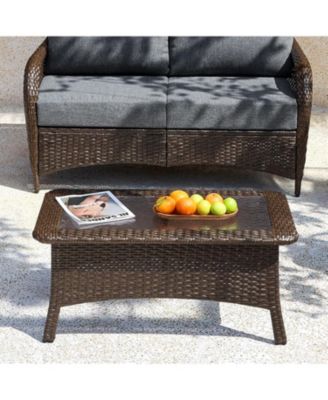 Outdoor Wicker Coffee Table with Hammered Glass Top, Hand PE Rattan Wicker Patio Furniture Set, All-Weather Rectangular Patio Table