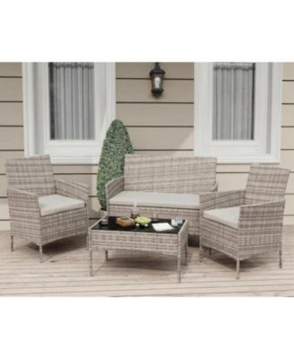 4-Piece Patio Furniture Set, Rattan Outdoor Furniture with Upholstered Sofa, 2 Chairs and Coffee Table, Modern Conversation Bistro Set