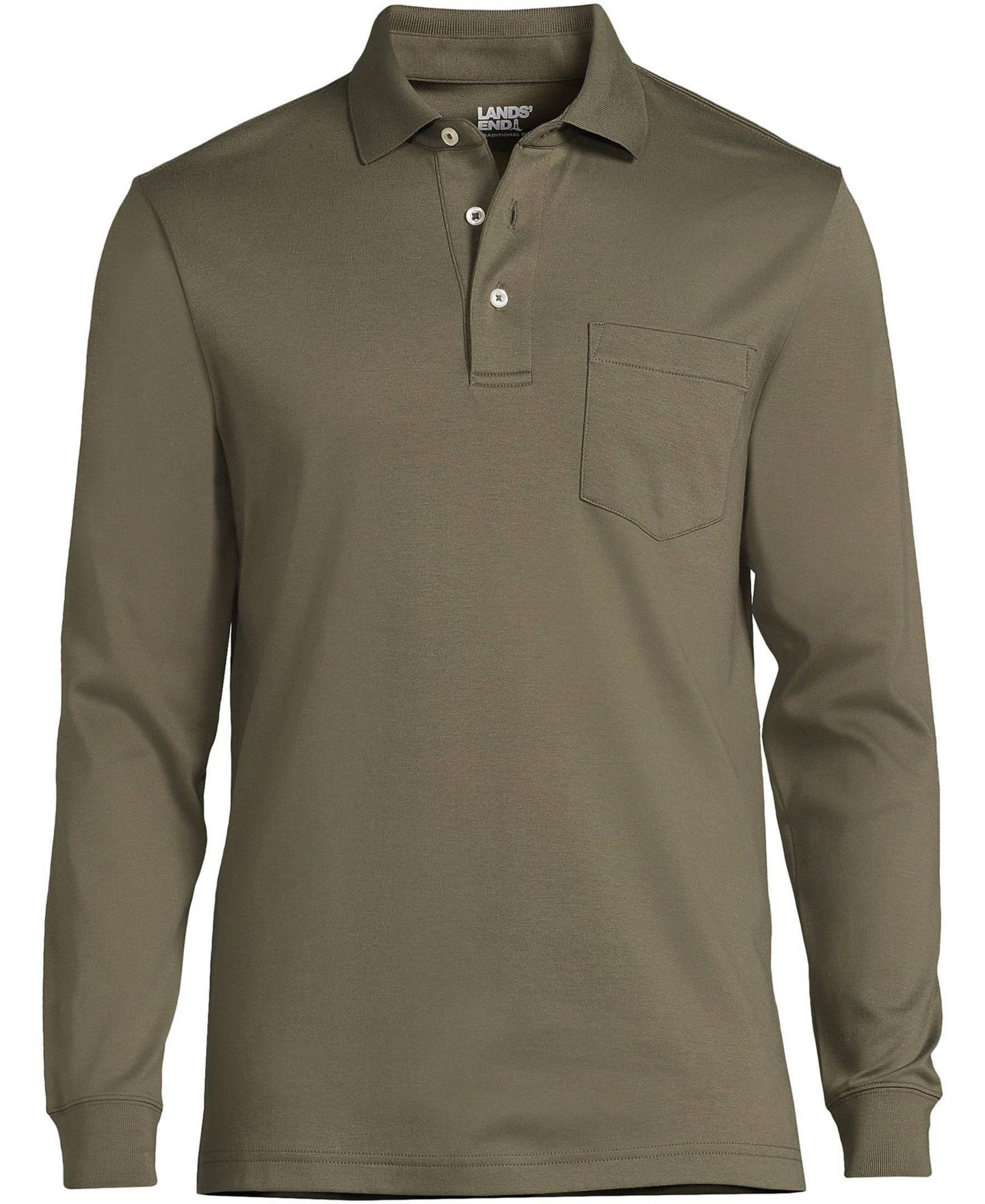 Мужское поло Lands' End Long Sleeve Cotton Supima Polo Shirt with Pocket, цвет: Тёмно-зелёный мох — фото 3