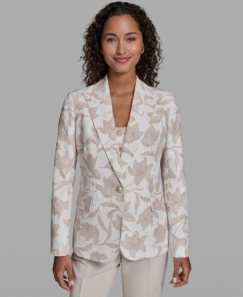 Женский пиджак KARL LAGERFELD PARIS 3 Pocket Floral Printed Notch Lapel Blazer, цвет: Мягкий белый