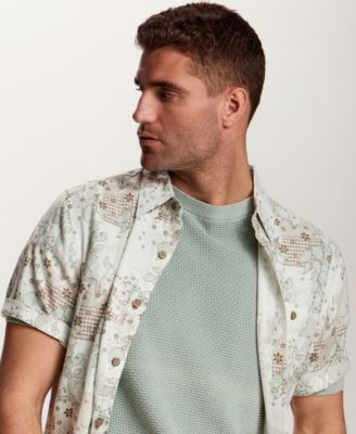 Vintage Men's Short-Sleeve Button-Down Linen Rayon Print Shirt, Short-Sleeve Brick Crewneck Sweater, and Regular-Fit Stretch Twill 8" Shorts