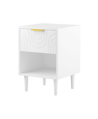 Modern White Nightstand with Gold Handle One Drawer and Open Shelf
