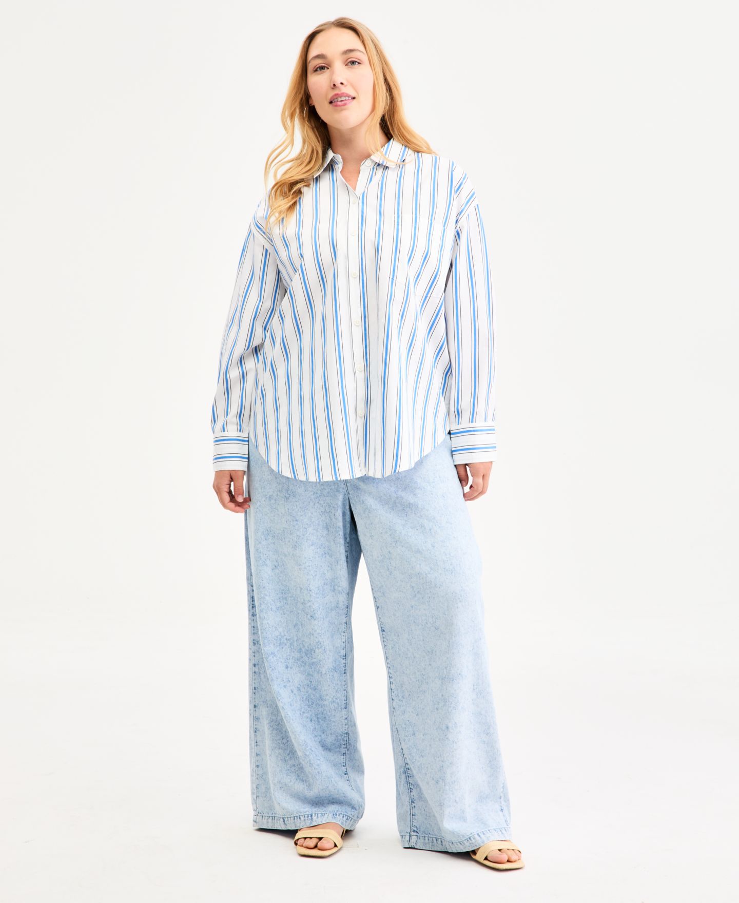 Женская рубашка On 34th Plus Size Bayside Stripe Button-Front Cotton, цвет: Белый полосатый — фото 2