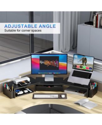 Dual Monitor Stand Riser Desk Organizer Drawer 2 Pen Holders Shelf