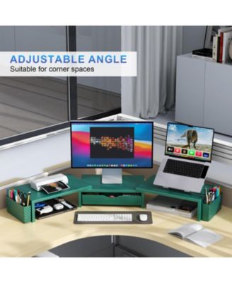 Dual Monitor Stand Riser Desk Organizer Drawer 2 Pen Holders Shelf