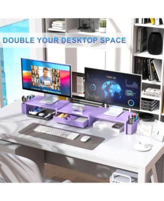Dual Monitor Stand Riser Desk Organizer Drawer 2 Pen Holders Shelf