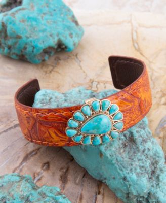 Blue Turquoise Leather Golden Cuff Bracelet