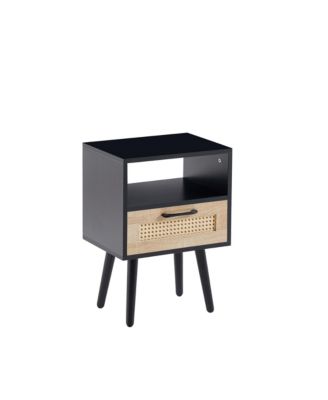 Modern Rattan End Table with Drawer and Solid Wood Legs Nightstand Cabinet
