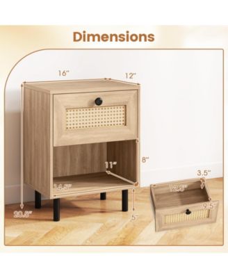 Rattan Nightstand Boho End Table with Rattan Drawer and Open Shelf