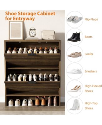 Fluted Shoe Cabinet with 2 Flip Drawers, Wide Slim Entryway Storage