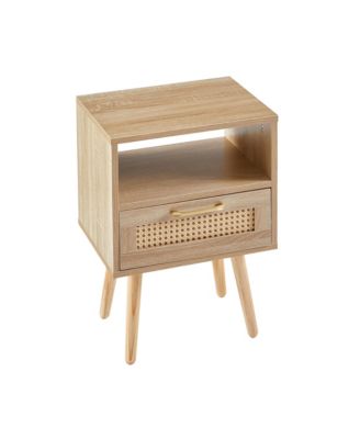 Modern Rattan End Table with Drawer and Solid Wood Legs Nightstand Cabinet