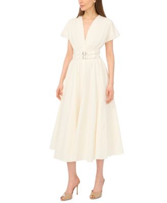 Women's V-Neck Short-Sleeve Cinch Waist Cotton Midi Dress