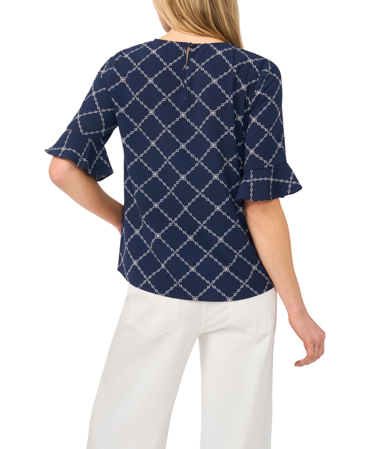 Женская блузка CeCe Print Crewneck 3/4-Sleeve Ruffled Cuff, цвет: Тёмно-синий — фото 3