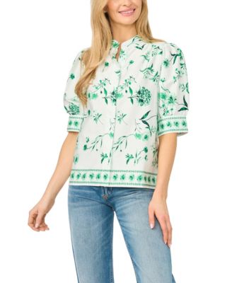 Women's Floral 3/4-Sleeve Collared Button-Up Shirt